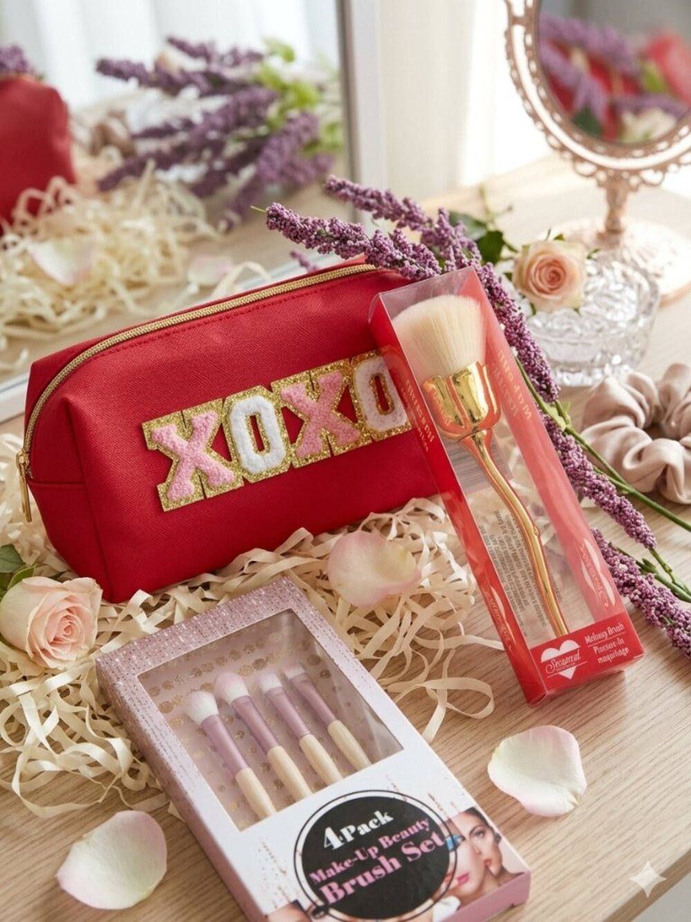 Glam Trio Makeup Bundle. 4-Pack Brush Set, Gold Cosmetic Bag & GOLD Flower Brush